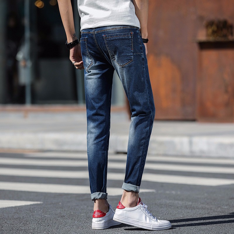 Jeansy Męskie Casual Tendencja Dżinsy Elastyczne Slim Fit Ołówkowe Spodnie Ciemno Niebieski