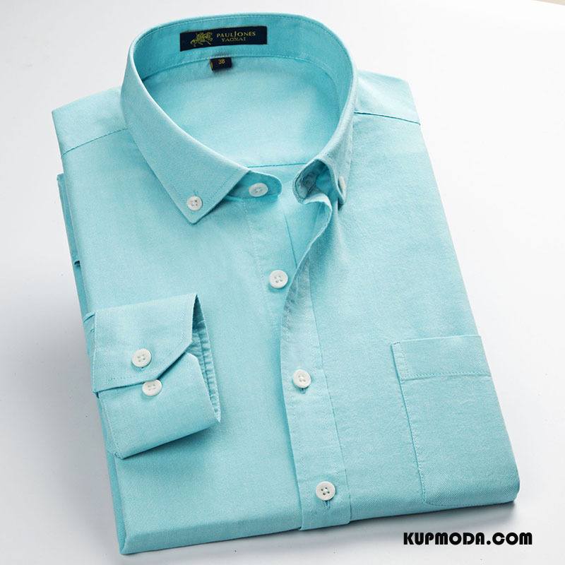 Koszula Męskie Bawełniane Wiosna Długi Rękaw Męska Biznes Slim Fit Czysta Niebieski
