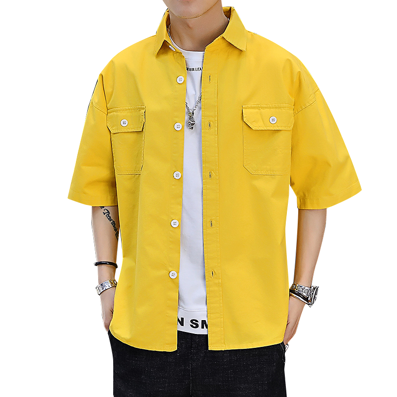 Koszula Męskie Koszula Z Krótkim Rękawem Krótki Rękaw Tendencja Piękny Szerokie Cargo Żółty