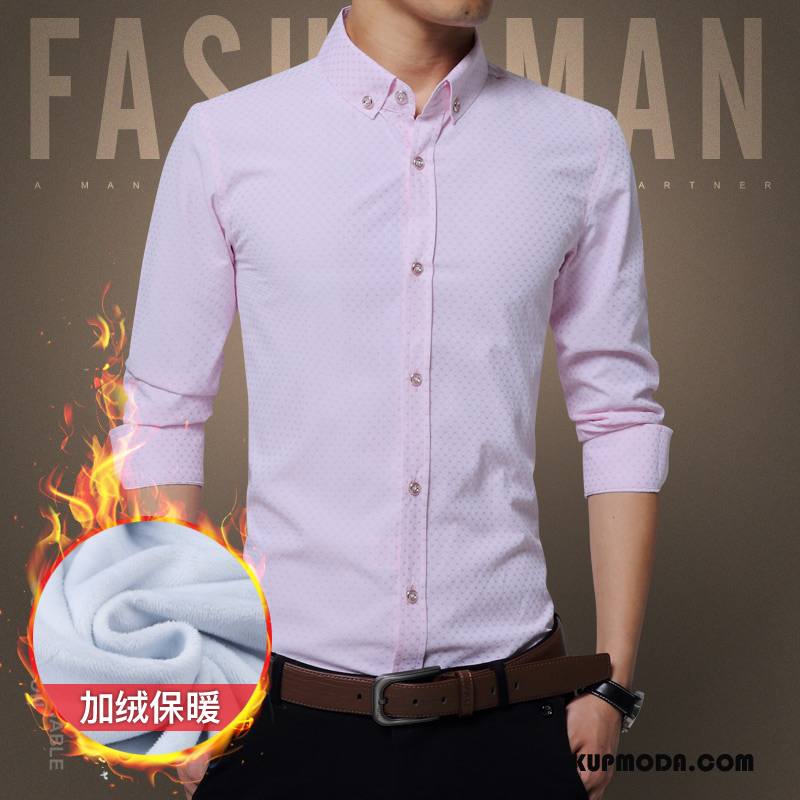 Koszula Męskie Plus Kaszmir Ciepłe Biznes Dla Grubych Zima Slim Fit Czysta Różowy Biały