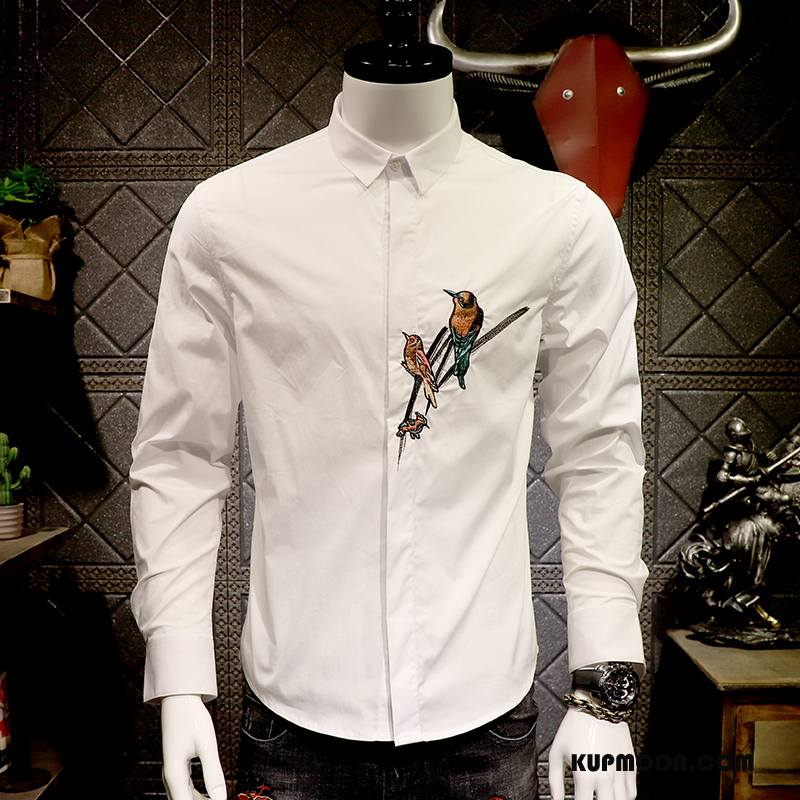 Koszula Męskie Z Haftem Tendencja Piękny Długi Rękaw Męska Ptak Biały