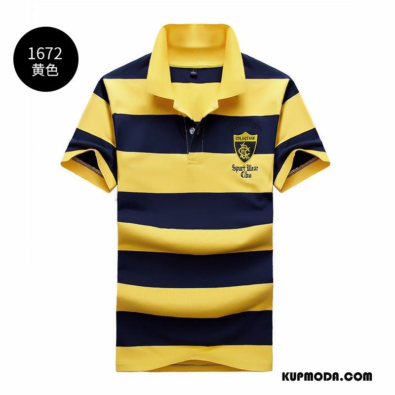 Koszulka Polo Męskie W Paski Szerokie Klapa T-shirt Lato Męska Żółty