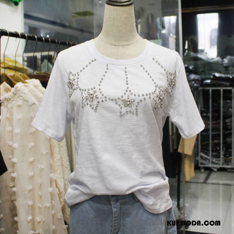 Koszulki Damskie Casual Moda Proste Eleganckie Okrągły Dekolt Dekoracja Biały