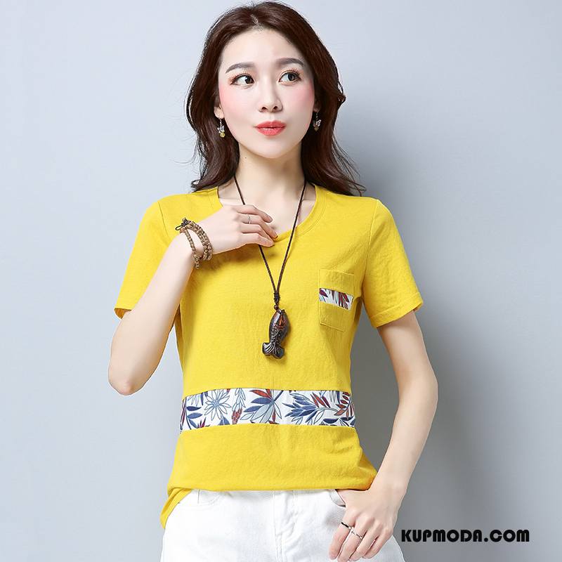 Koszulki Damskie Lato Moda Tendencja Proste Krótki Rękaw Szycie Żółty