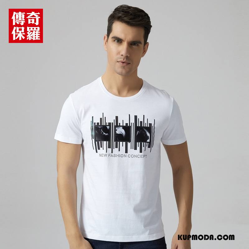 Koszulki Męskie Lato Drukowana Proste T-shirt Okrągły Dekolt Cienkie Biały
