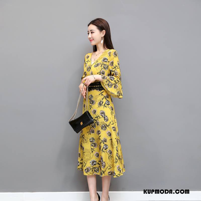 Odzież Duże Rozmiary Damskie Sukienka 2018 Slim Fit Wiosna Rękawy Moda Żółty