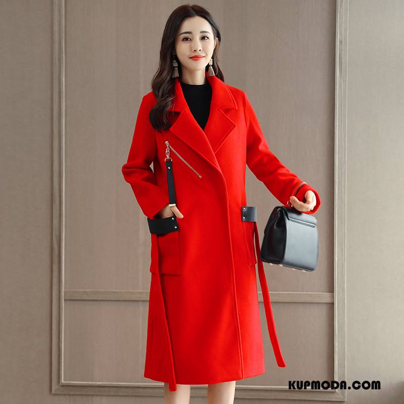 Płaszcze Damskie Długi Rękaw Z Wełny Zima Moda Długie Casual Czerwony