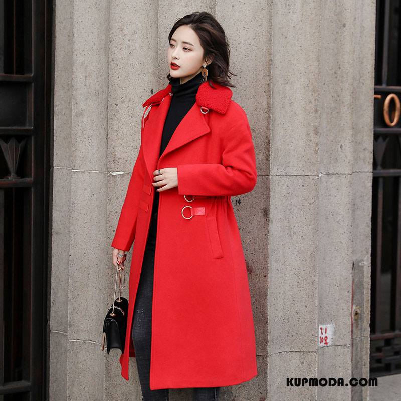 Płaszcze Damskie Z Wełny Zima Moda Długi Rękaw Eleganckie Cienkie Czysta Czerwony