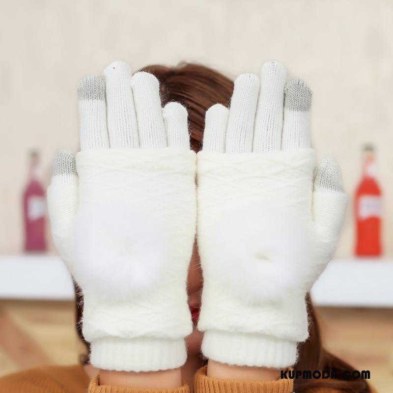 Rękawiczki Damskie Futrzany Pompon Zima Moda Damska Utrzymuj Ciepło Królik Biały