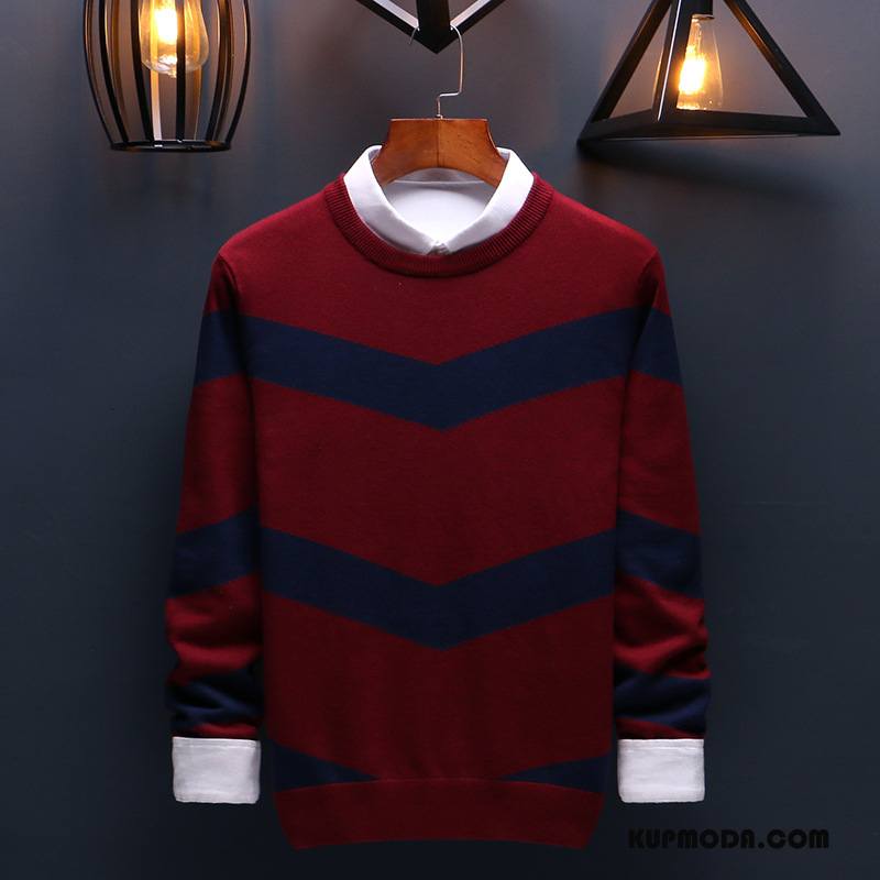 Swetry Męskie Jesień Sweter Tendencja Męska T-shirt Z Długim Rękawem Pullover Czerwony