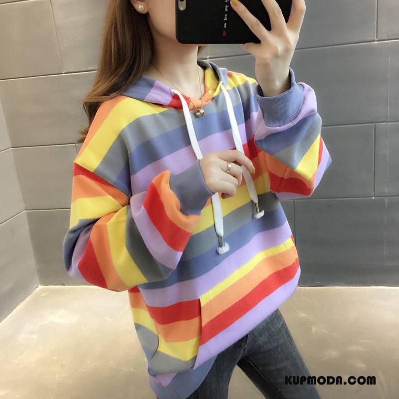 Bluza Z Kapturem Damskie Szerokie Pullover Wiosna Nowy Bluzy Z Kapturem Damska Tęcza Fiołkowy Niebieski Jasny