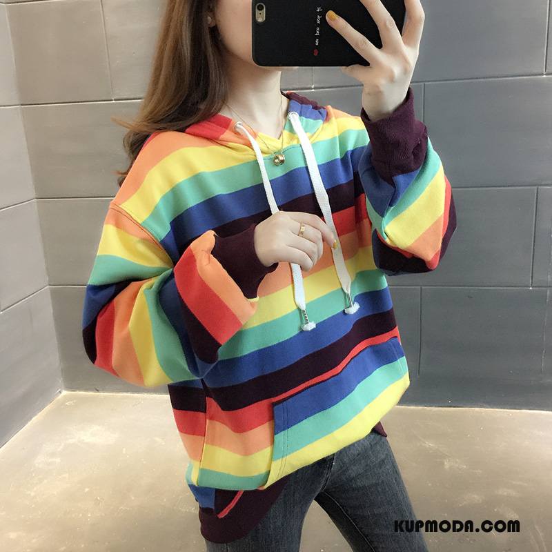 Bluza Z Kapturem Damskie Szerokie Pullover Wiosna Nowy Bluzy Z Kapturem Damska Tęcza Fiołkowy Niebieski Jasny