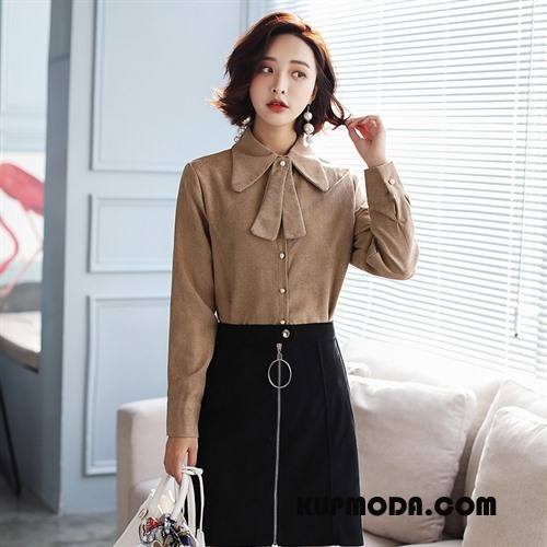 Bluzka Damskie Wygodne Slim Fit Wiosna Eleganckie Rękawy Proste Granatowy Khaki Czysta