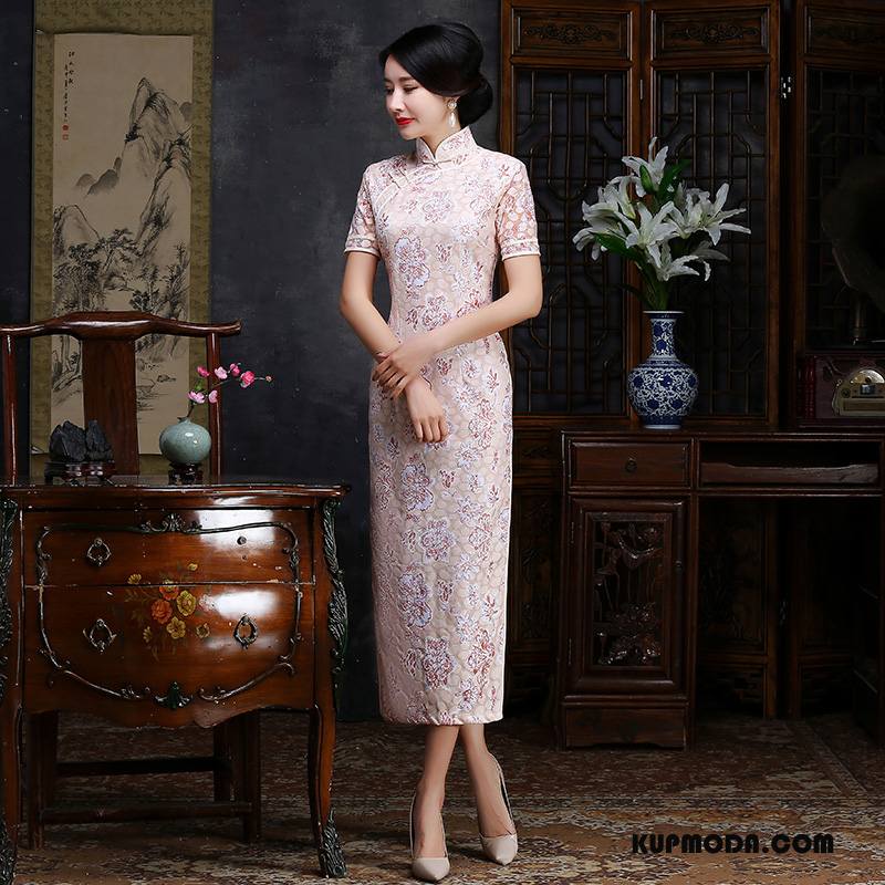 Cheongsam Damskie 2018 Eleganckie Gazy Sukienka Lato Slim Fit Niebieski