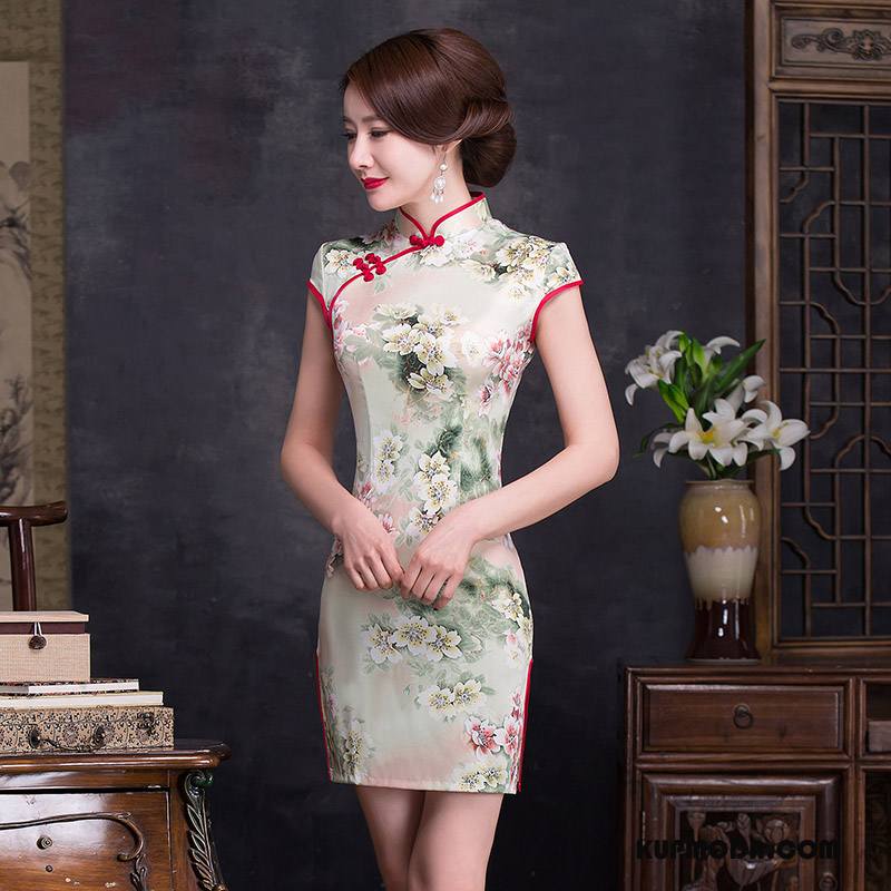 Cheongsam Damskie Cienkie Eleganckie Krótki Rękaw Lato Z Haftem Slim Fit Biały