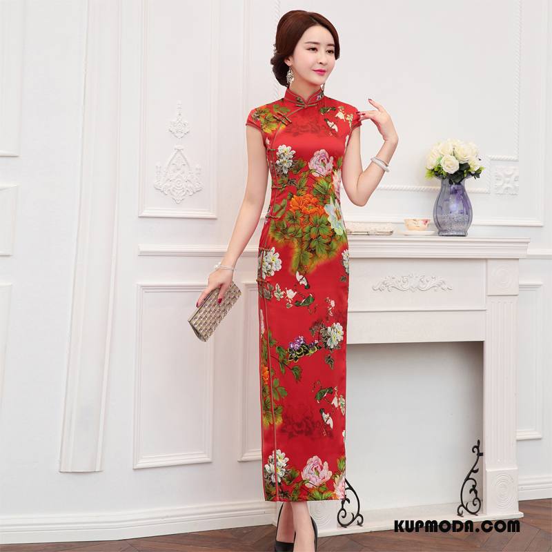 Cheongsam Damskie Wysoki Długie Eleganckie Cienkie Gazy Slim Fit Czarny