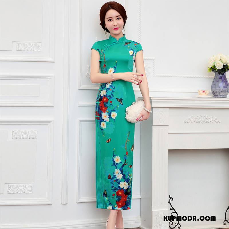 Cheongsam Damskie Wysoki Długie Eleganckie Cienkie Gazy Slim Fit Czarny