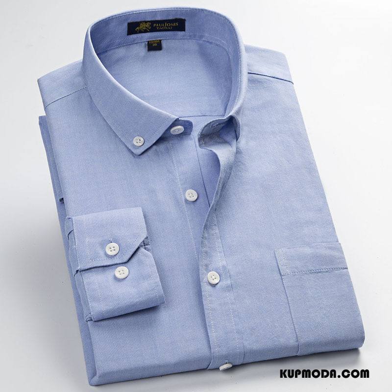 Koszula Męskie Bawełniane Wiosna Długi Rękaw Męska Biznes Slim Fit Czysta Niebieski