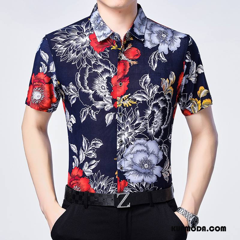 Koszula Męskie Duże Wzór Krótki Rękaw Kwiaty Plażowe Lato Kolor