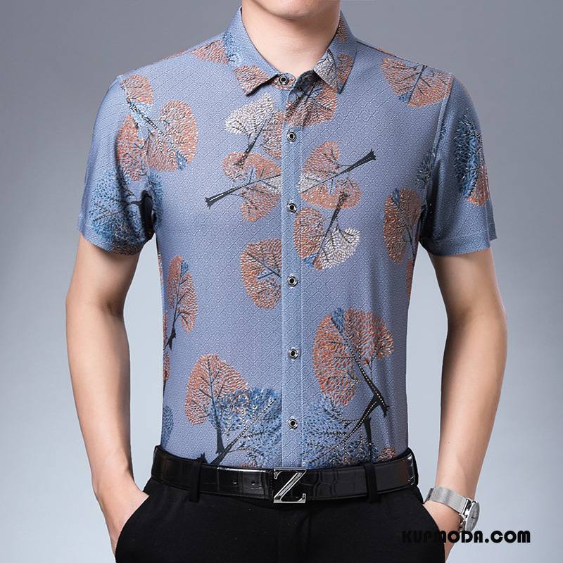 Koszula Męskie Krótki Rękaw Kwiaty Moda Wzór Młodzież Casual Niebieski