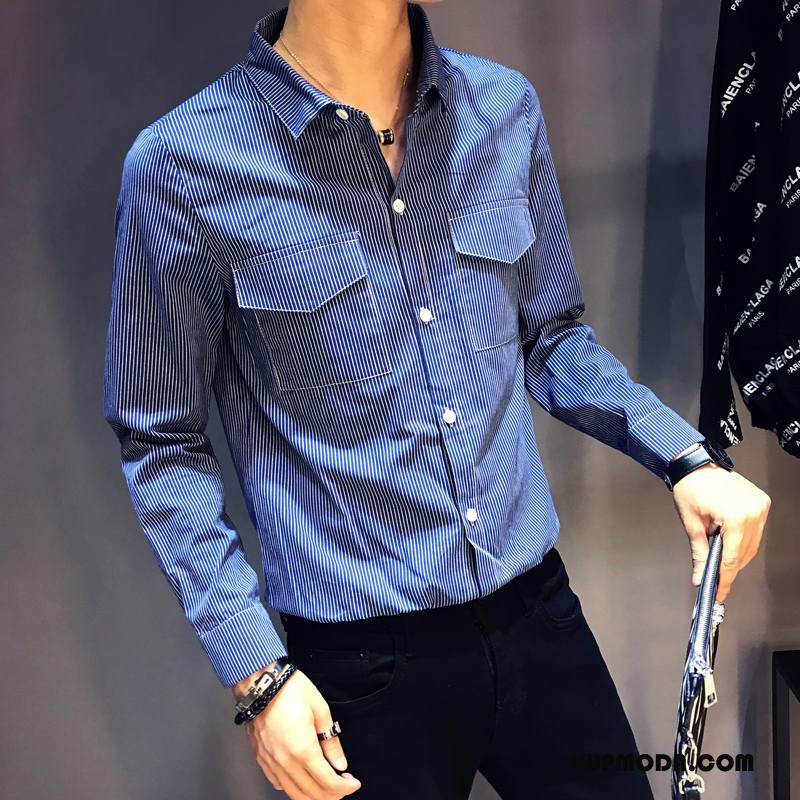 Koszula Męskie Męska Eleganckie Cienkie Tendencja Długi Rękaw Slim Fit Niebieski