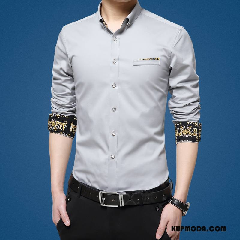 Koszula Męskie Slim Fit Biznes Jesień Męska Brytyjskie Młodzież Jasny Niebieski