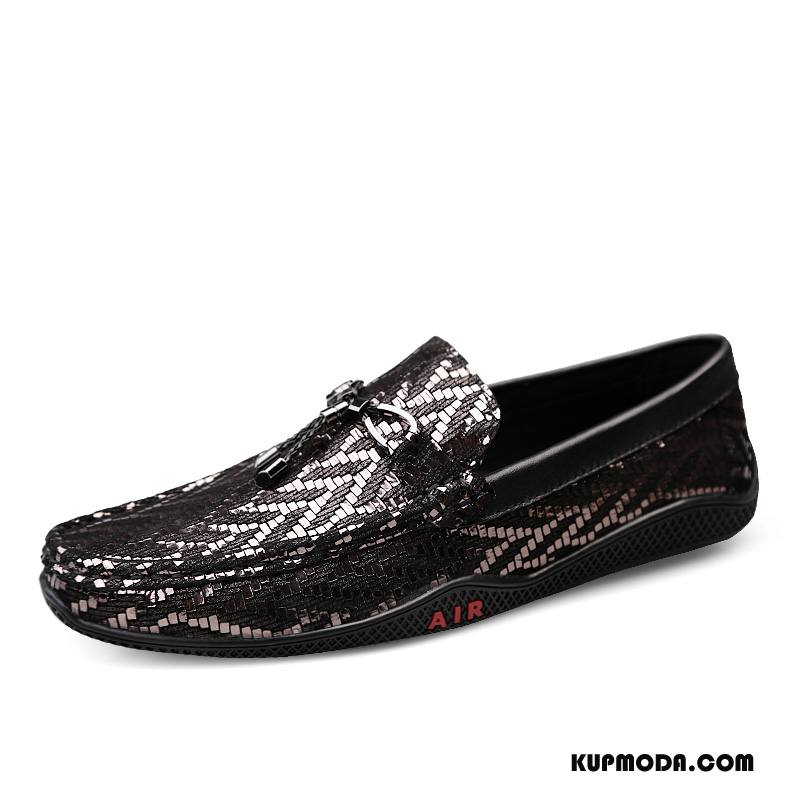 Mokasyny Męskie Prawdziwa Skóra Buty Żeglarskie Miękka Podeszwa Oddychające Slip On Casual Czarny