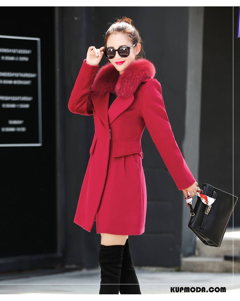 Płaszcze Damskie Moda Eleganckie Z Wełny Duże Długi Rękaw Slim Fit Czysta Czerwony