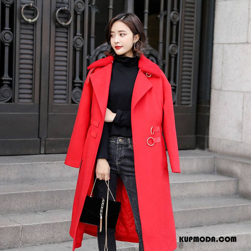 Płaszcze Damskie Z Wełny Zima Moda Długi Rękaw Eleganckie Cienkie Czysta Czerwony