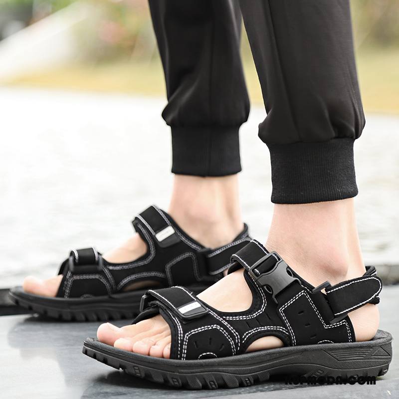 Sandały Męskie Buty Prawdziwa Skóra Casual Outdoor Lato Kapcie Czarny