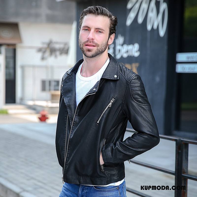 Skórzana Kurtka Męskie Casual Moda Klapa Skóra Motocyklem Męska Burgund