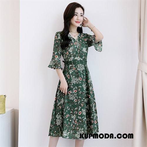 Sukienka Damskie 2018 Moda Rękawy Kwiaty Flare Eleganckie Zielony