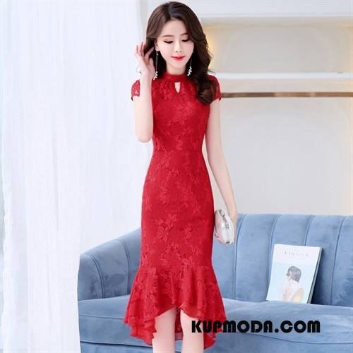 Sukienka Damskie Pullover Środkowa Stan 2018 Slim Fit Koronkowe Wygodne Czysta Czarny Czerwony