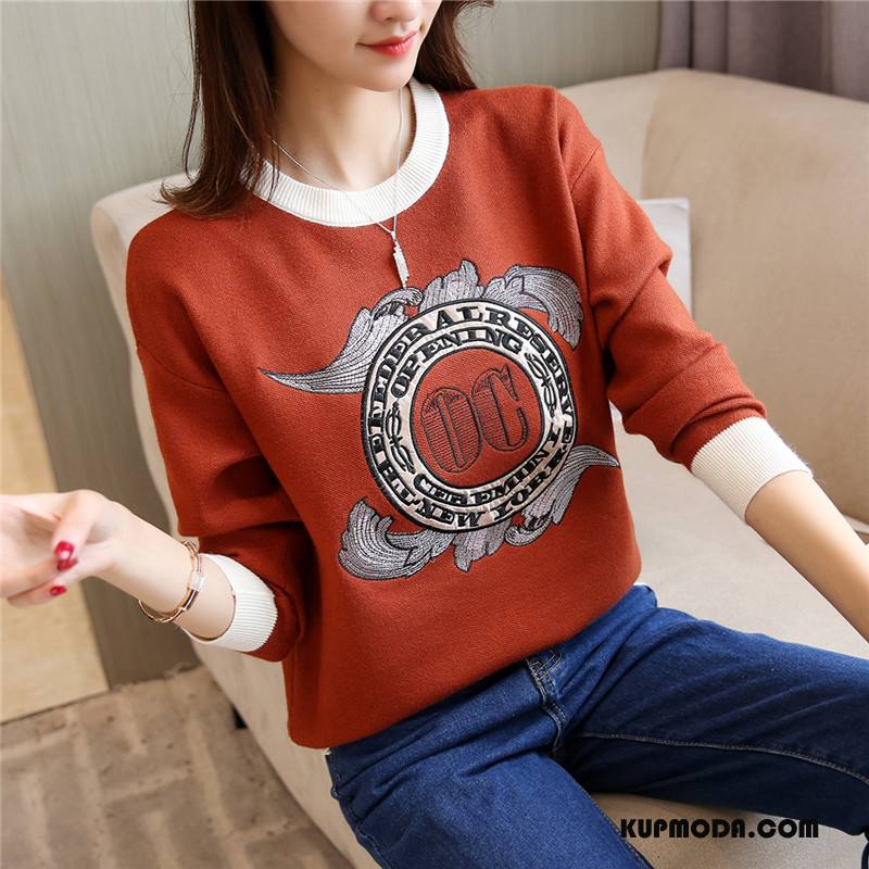 Swetry Damskie Pullover Eleganckie Sweter Jesień Moda Długi Rękaw Czerwony