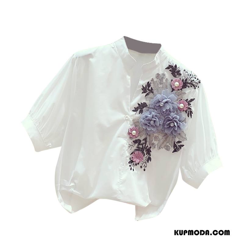 Bluzka Damskie Haftowana Moda Lato Koszula Casual Dekoracja Biały