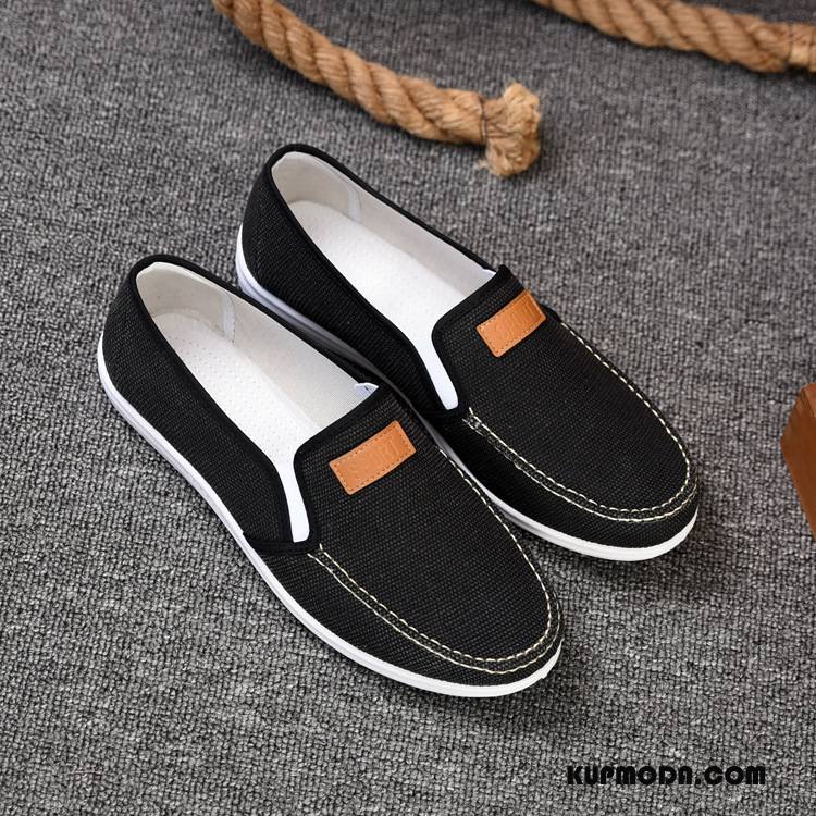 Buty Casualowe Męskie Lato Slip On Canvas Płótno Mokasyny Płaskie Jasny Czarny