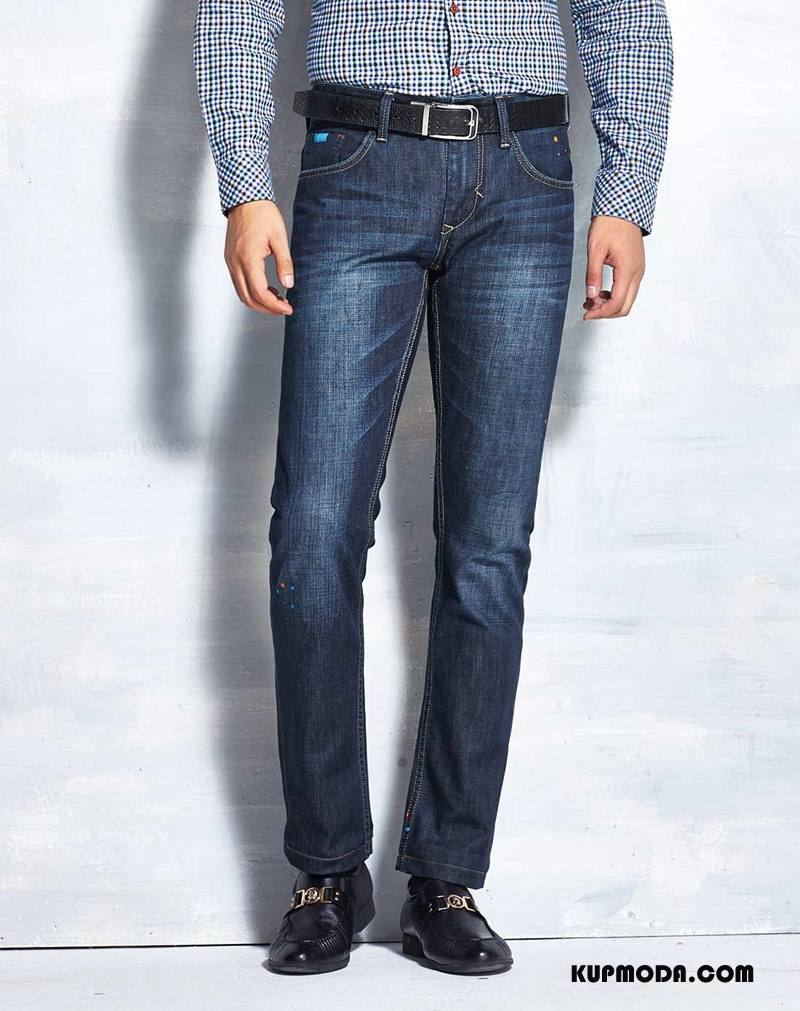 Casualowe Spodnie Męskie Wygodne Slim Fit Mały Z Bawełny Środkowa Stan Dżinsy Niebieski