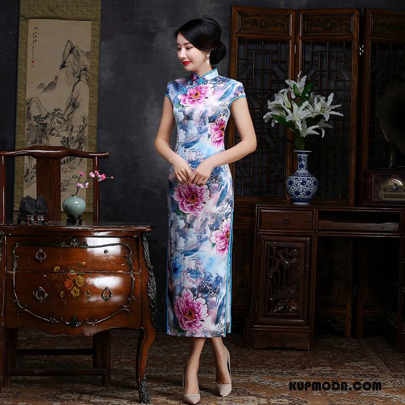 Cheongsam Damskie 2018 Eleganckie Gazy Sukienka Lato Slim Fit Niebieski