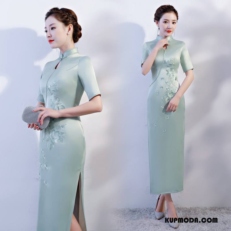 Cheongsam Damskie Eleganckie Sukienka Cienkie Casual Slim Fit Lato Czysta Zielony