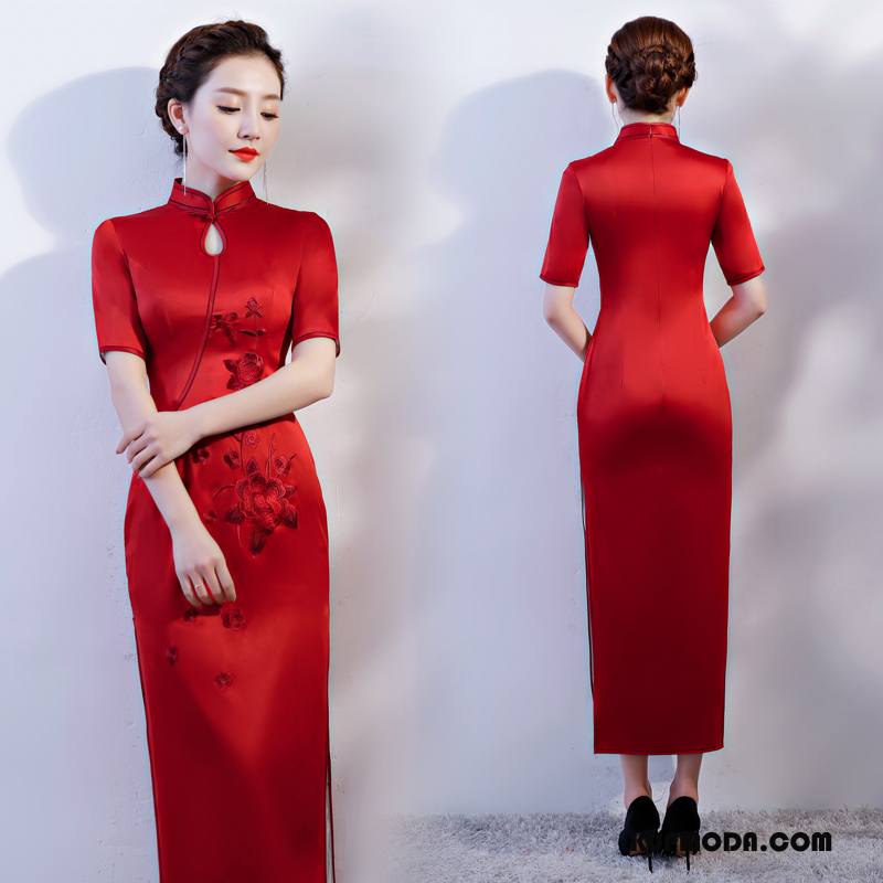 Cheongsam Damskie Gazy Sukienka Moda 2018 Casual Slim Fit Czysta Czerwony