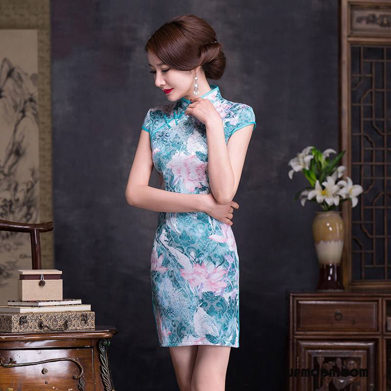 Cheongsam Damskie Krótkie Cienkie Lato Damska Vintage Wysoki Kołnierz Niebieski