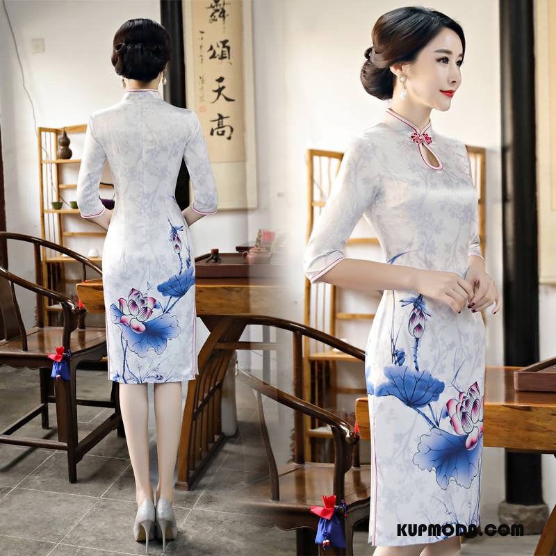 Cheongsam Damskie Sukienka Lady Rękawy Slim Fit Gazy Długie Biały