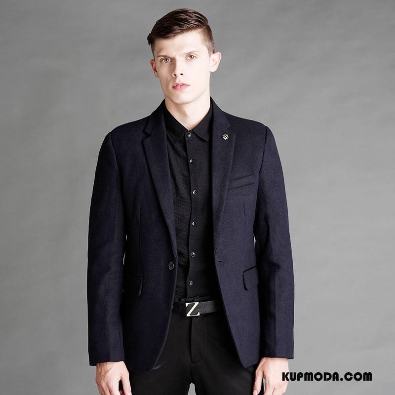 Garnitur Męskie Tendencja Wełna Blezer Casual Piękny Slim Fit Ciemno Niebieski