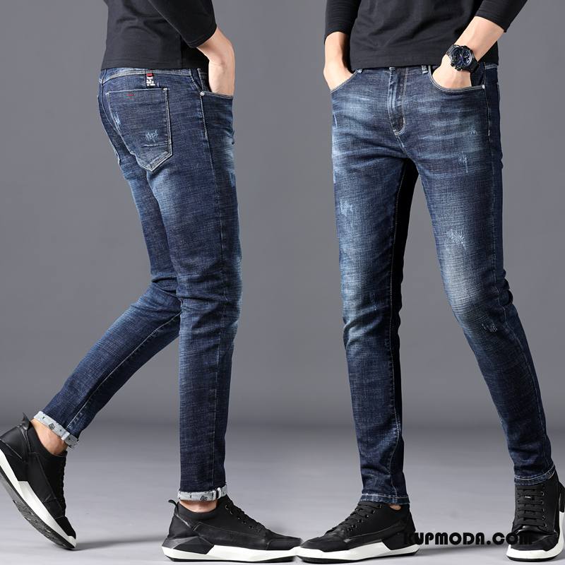 Jeansy Męskie Drukowana Męska Casual 2018 Slim Fit Mały Granatowy