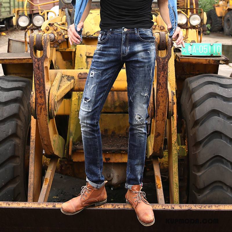 Jeansy Męskie Slim Fit Z Dziurami Spodnie Denim Niebieski