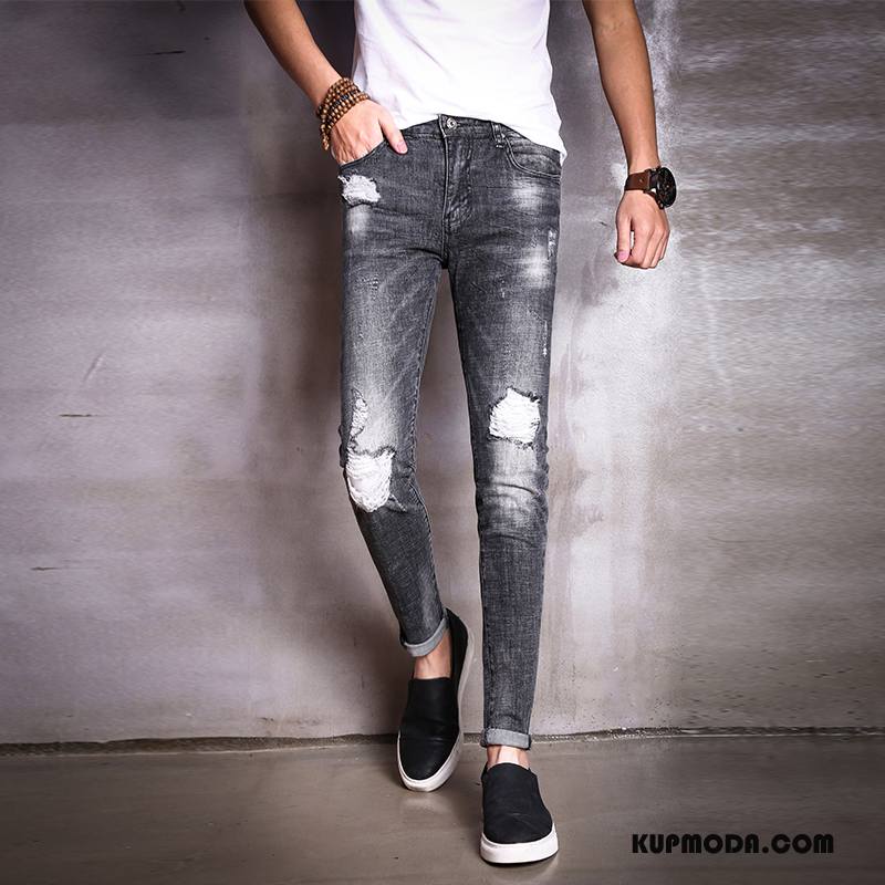 Jeansy Męskie Spodnie Z Dziurami Denim Slim Fit Czarny