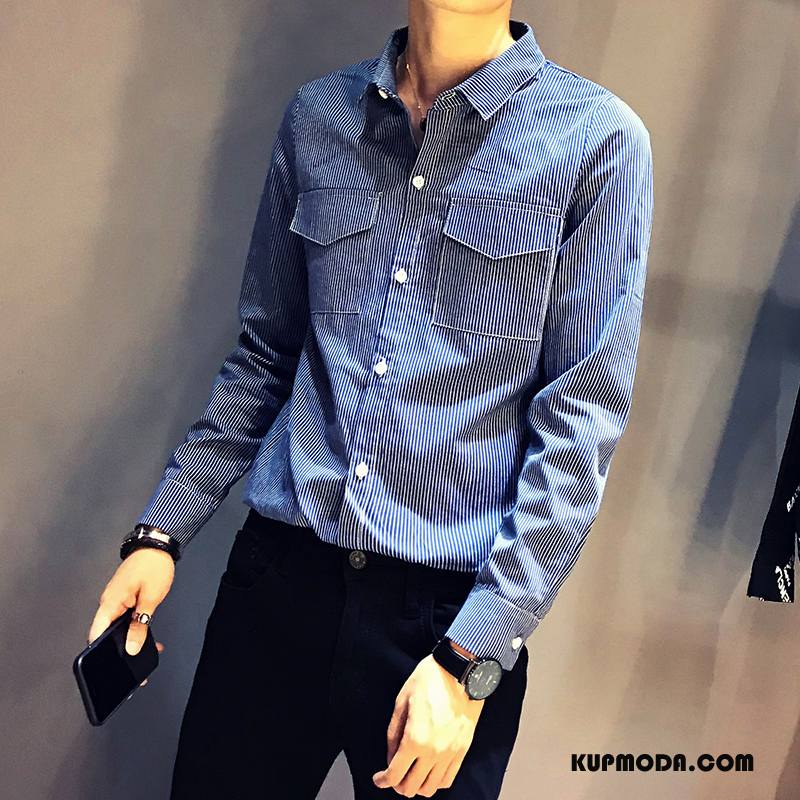 Koszula Męskie Męska Eleganckie Cienkie Tendencja Długi Rękaw Slim Fit Niebieski