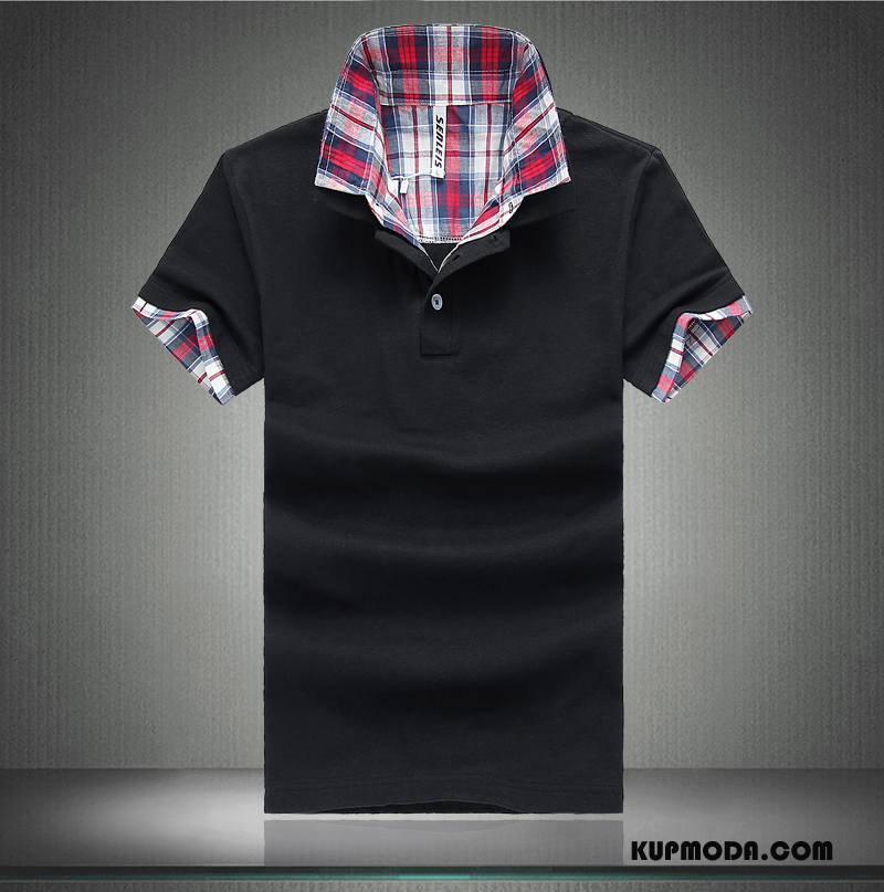 Koszulka Polo Męskie Krótki Rękaw Slim Fit T-shirt Klapa Lato Z Bawełny Czysta Czarny