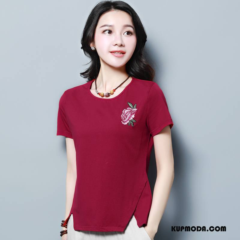 Koszulki Damskie Młodzieżowa Moda Okrągły Dekolt Slim Fit Krótki Roślina Czysta Czerwony