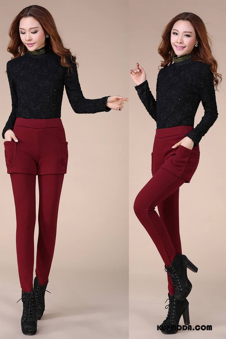 Legginsy Damskie Eleganckie Zima Moda Plus Kaszmir Slim Fit Cienkie Burgund Czysta